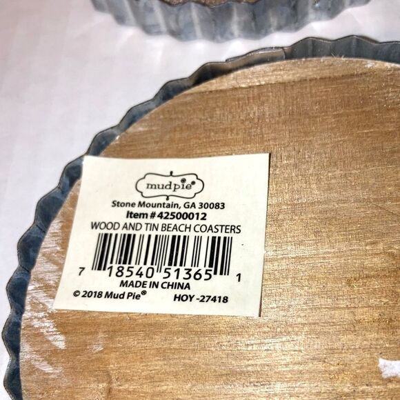 MUD PIE Drink Coaster Beach Coastal Nautical Theme Shiplap Metal Rim Gift Set - Picture 9 of 12